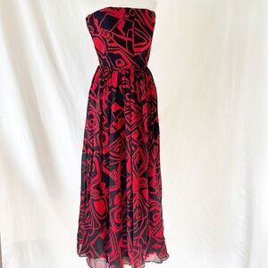 Vintage Albert Nipon Silk Strapless Dress: Red Black Abstract Print, Size 2-4
